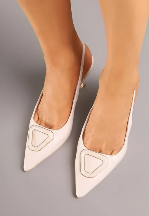 Beżowe Sandały na Szpilce Vices Slingback Lakierowane z Ozdobą Ataloria