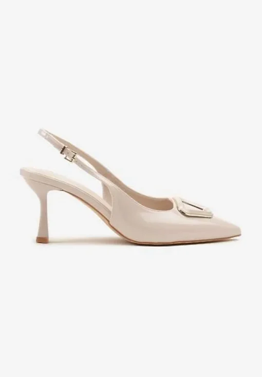Beżowe Sandały na Szpilce Vices Slingback Lakierowane z Ozdobą Ataloria