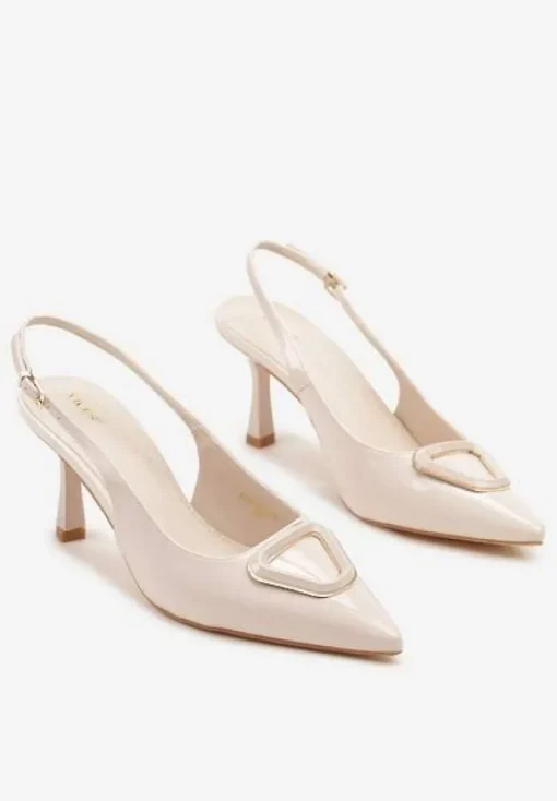 Beżowe Sandały na Szpilce Vices Slingback Lakierowane z Ozdobą Ataloria