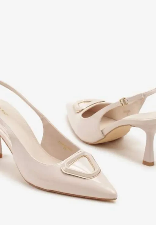 Beżowe Sandały na Szpilce Vices Slingback Lakierowane z Ozdobą Ataloria