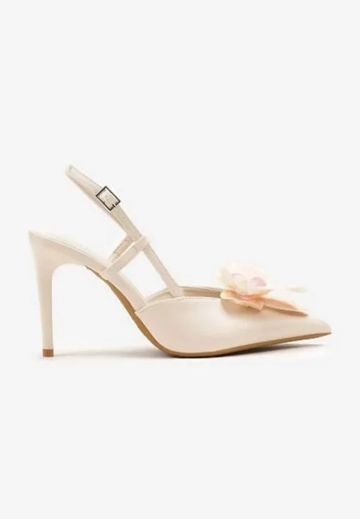 Beżowe Sandały na Szpilce Vices Slingback z Kwiatem 3D Koviano