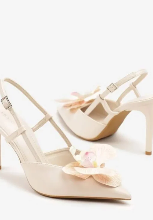 Beżowe Sandały na Szpilce Vices Slingback z Kwiatem 3D Koviano