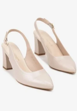 Beżowe Sandały Slingback na Słupkowym Obcasie z Wkładką ze Skóry Naturalnej Salemaris