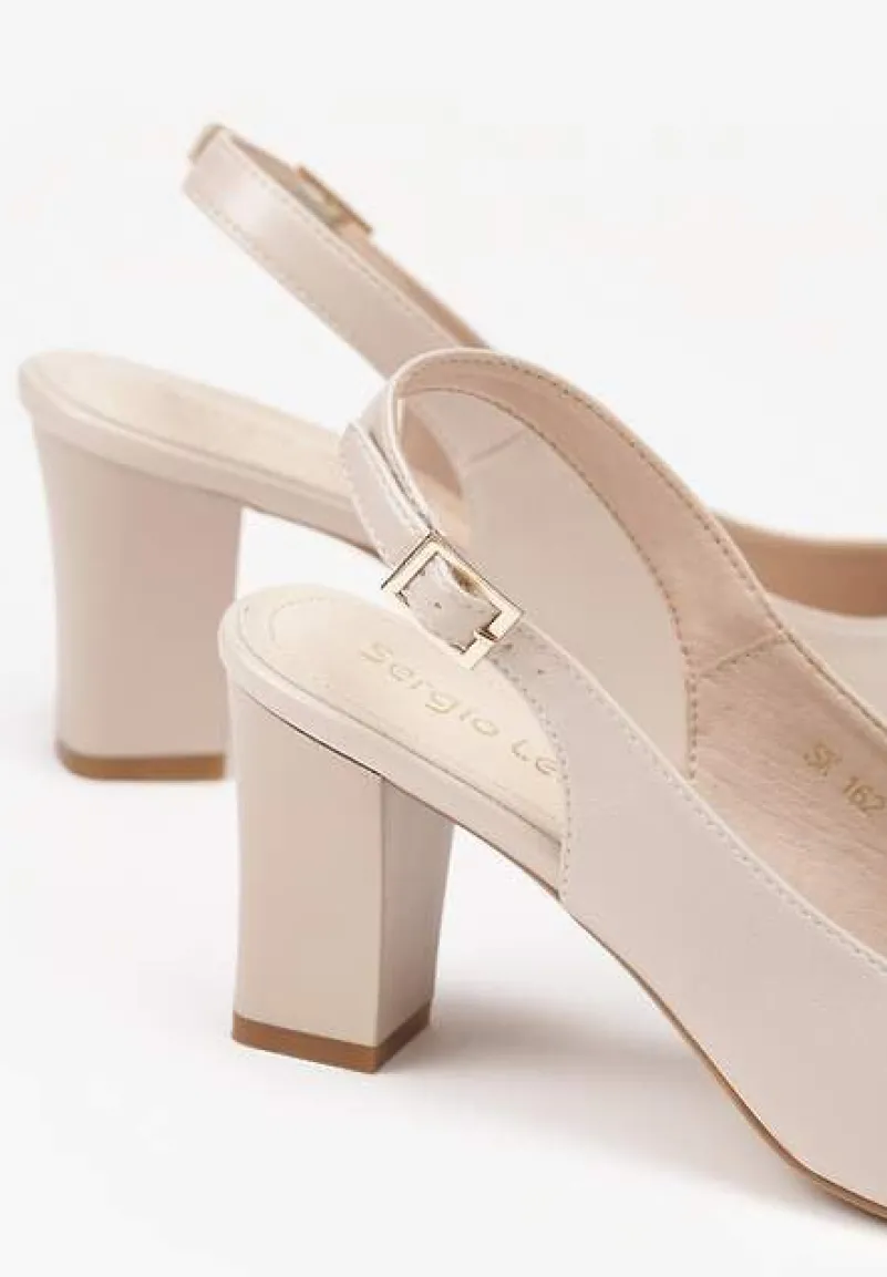 Beżowe Sandały Slingback na Słupkowym Obcasie z Wkładką ze Skóry Naturalnej Salemaris