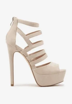 Beżowe Sandały Szpilki na Platformie Ozdobione Paskami Naniel