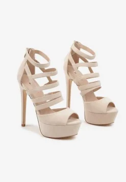 Beżowe Sandały Szpilki na Platformie Ozdobione Paskami Naniel