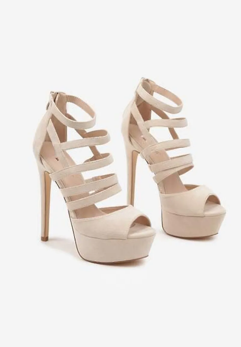 Beżowe Sandały Szpilki na Platformie Ozdobione Paskami Naniel