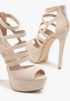 Beżowe Sandały Szpilki na Platformie Ozdobione Paskami Naniel