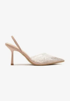 Beżowe Sandały Szpilki z Transparentnym Noskiem w Szpic z Cyrkoniami Nimilune