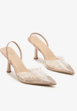 Beżowe Sandały Szpilki z Transparentnym Noskiem w Szpic z Cyrkoniami Nimilune