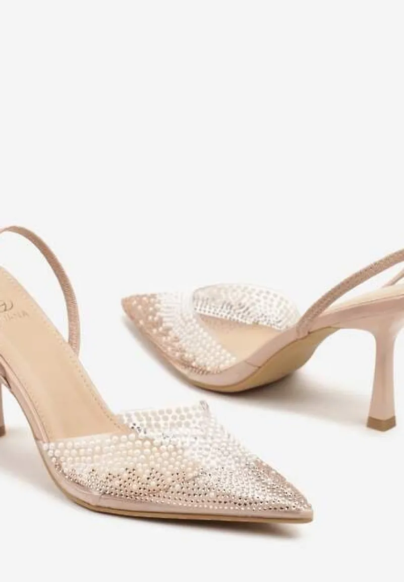 Beżowe Sandały Szpilki z Transparentnym Noskiem w Szpic z Cyrkoniami Nimilune