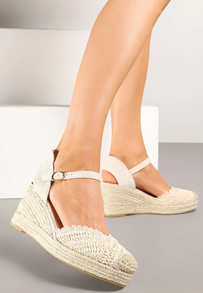 Beżowe Sandały Typu Espadryle na Koturnie z Plecionki Annivane