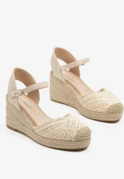 Beżowe Sandały Typu Espadryle na Koturnie z Plecionki Annivane