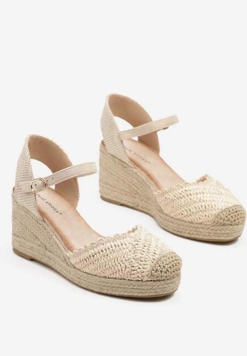 Beżowe Sandały Typu Espadryle na Koturnie z Plecionki Annivane