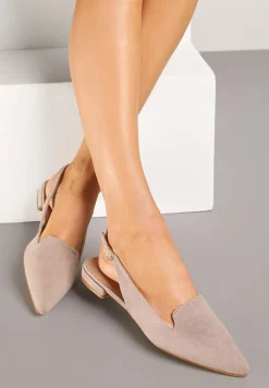 Beżowe Sandały Typu Slingback ze Skórzaną Wkładką Ozdobione Wycięciami Nurindra