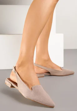 Beżowe Sandały Typu Slingback ze Skórzaną Wkładką Ozdobione Wycięciami Nurindra