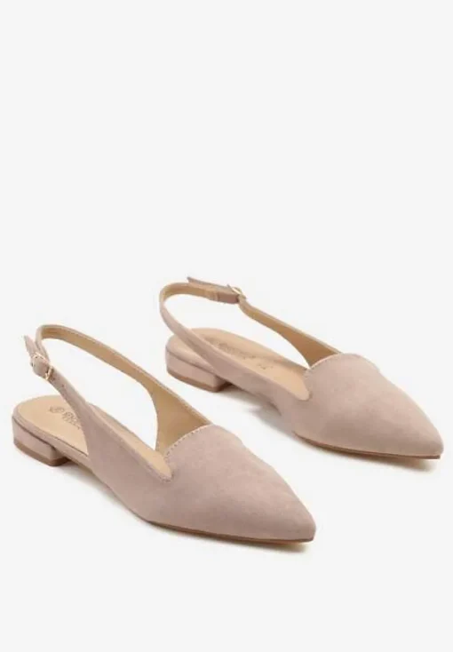 Beżowe Sandały Typu Slingback ze Skórzaną Wkładką Ozdobione Wycięciami Nurindra