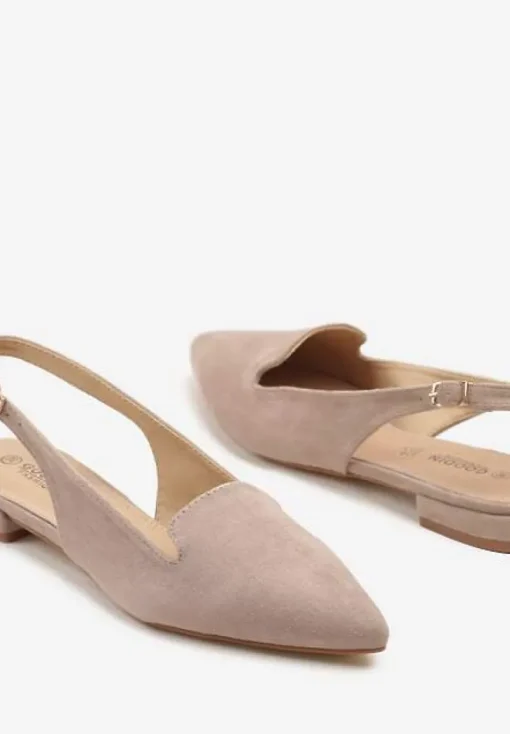 Beżowe Sandały Typu Slingback ze Skórzaną Wkładką Ozdobione Wycięciami Nurindra