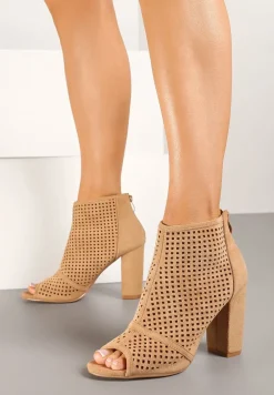 Beżowe Sandały Vices na Słupku z Ażurową Cholewką Felilina