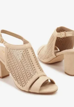 Beżowe Sandały Vices na Słupku z Ażurową Cholewką i Skórzaną Wkładką Saramiae