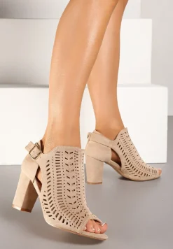 Beżowe Sandały Vices na Słupku z Ażurowym Wzorem Klamrą i Wycięciem Feliyra