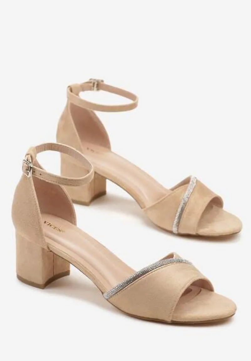 Beżowe Sandały Vices na Słupku Ozdobione Cyrkoniami Lumaneve