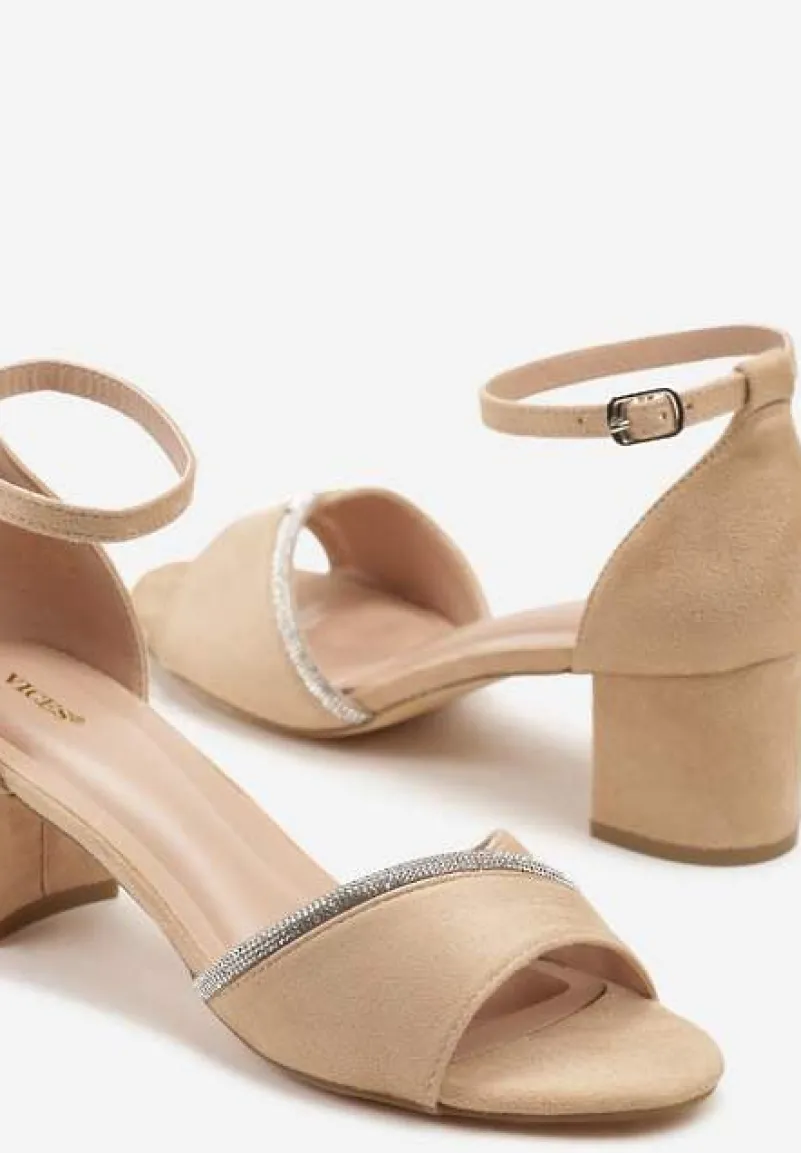 Beżowe Sandały Vices na Słupku Ozdobione Cyrkoniami Lumaneve