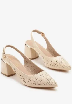 Beżowe Sandały Vices na Słupku Slingback ze Skórzaną Wkładką i Ażurowym Wzorem Iffinira