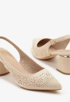 Beżowe Sandały Vices na Słupku Slingback ze Skórzaną Wkładką i Ażurowym Wzorem Iffinira