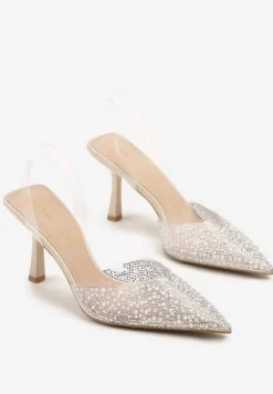 Beżowe Sandały Vices na Szpilce Slingback ze Skórzaną Wkładką i Cyrkoniami Ovifa