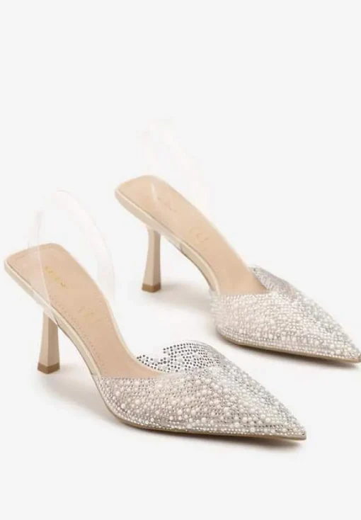 Beżowe Sandały Vices na Szpilce Slingback ze Skórzaną Wkładką i Cyrkoniami Ovifa