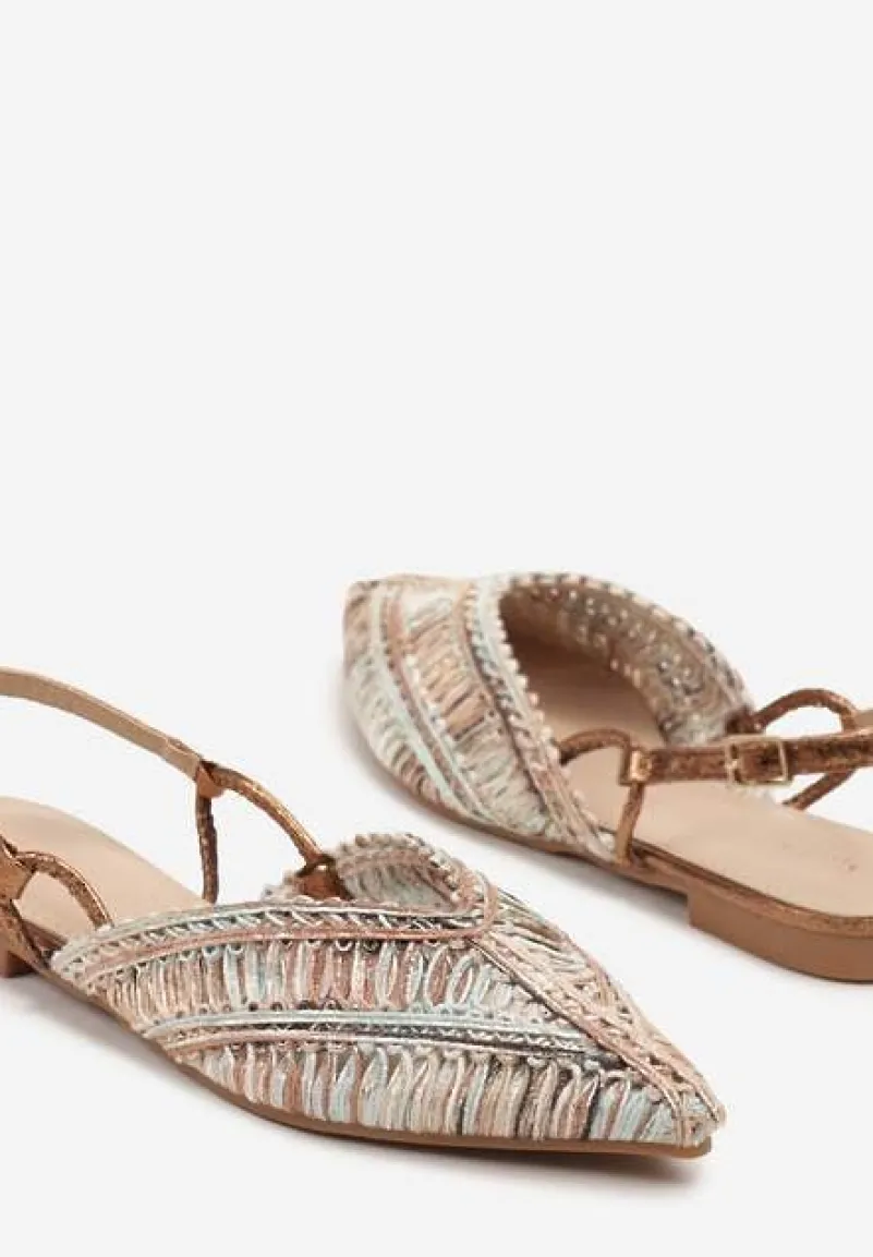 Beżowe Sandały Vices Slingback z Plecioną Cholewką i Metaliczną Nicią Nilannia