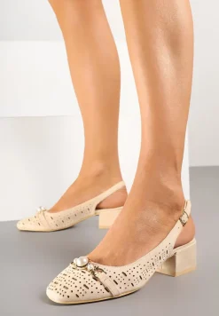 Beżowe Sandały Vices z Wkładką ze Skóry i Ażurowymi Wycięciami na Słupku Koredia