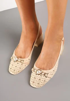 Beżowe Sandały Vices z Wkładką ze Skóry i Ażurowymi Wycięciami na Słupku Koredia