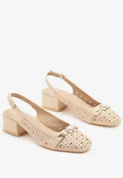 Beżowe Sandały Vices z Wkładką ze Skóry i Ażurowymi Wycięciami na Słupku Koredia
