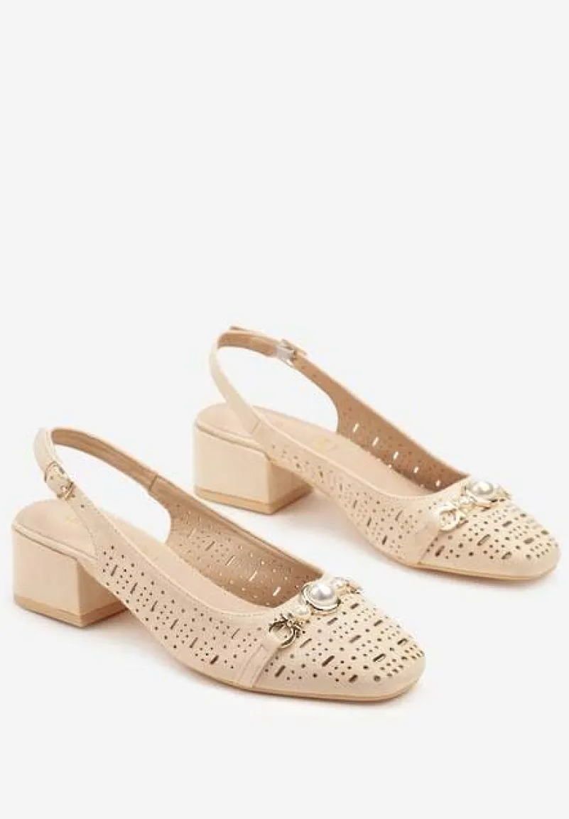 Beżowe Sandały Vices z Wkładką ze Skóry i Ażurowymi Wycięciami na Słupku Koredia