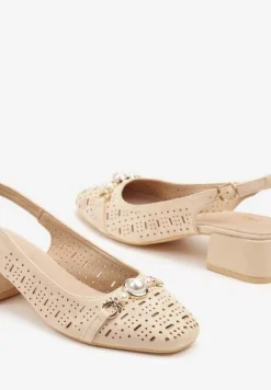 Beżowe Sandały Vices z Wkładką ze Skóry i Ażurowymi Wycięciami na Słupku Koredia