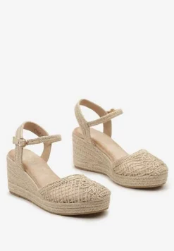 Beżowe Sandały w Stylu Espadryli z Plecionym Noskiem i Koturnem Sargia