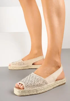 Beżowe Sandały w Stylu Espadryli z Cyrkoniami na Podeszwie z Plecionki Neorwena