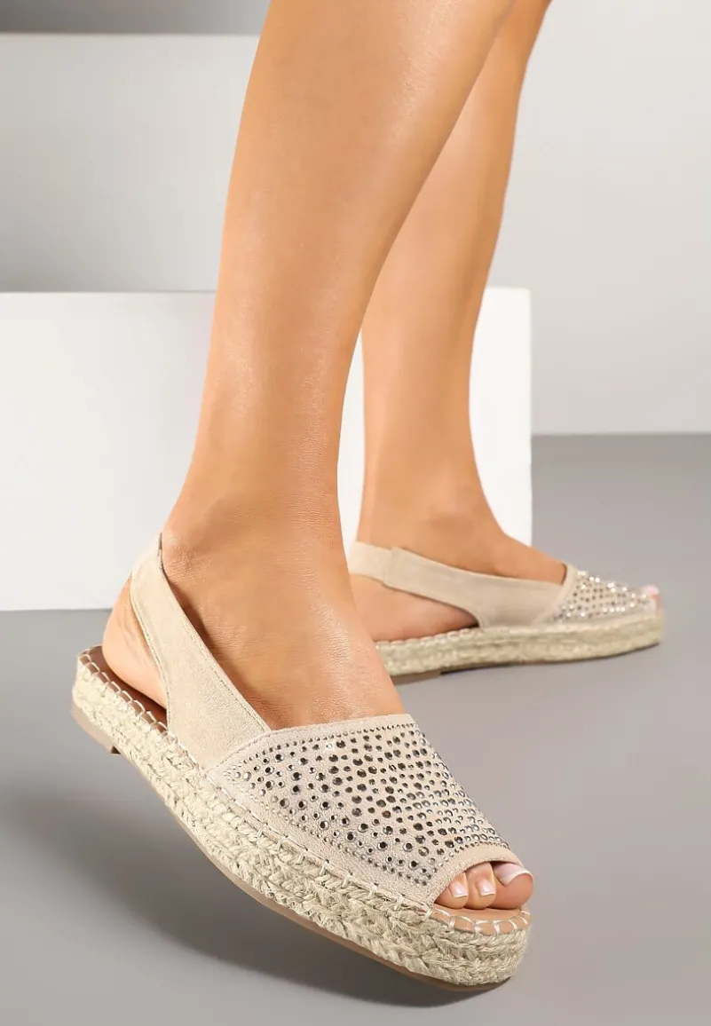 Beżowe Sandały w Stylu Espadryli z Cyrkoniami na Podeszwie z Plecionki Neorwena