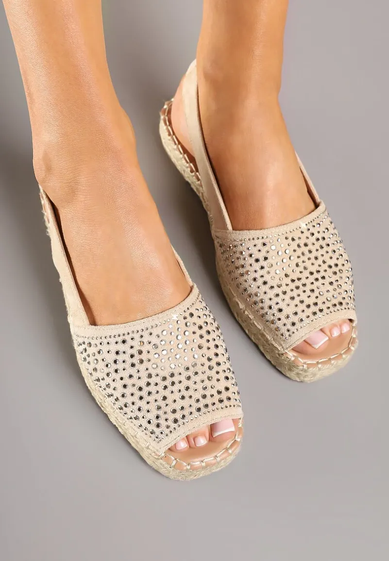 Beżowe Sandały w Stylu Espadryli z Cyrkoniami na Podeszwie z Plecionki Neorwena