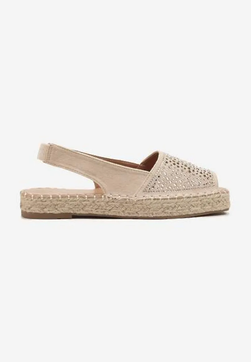 Beżowe Sandały w Stylu Espadryli z Cyrkoniami na Podeszwie z Plecionki Neorwena