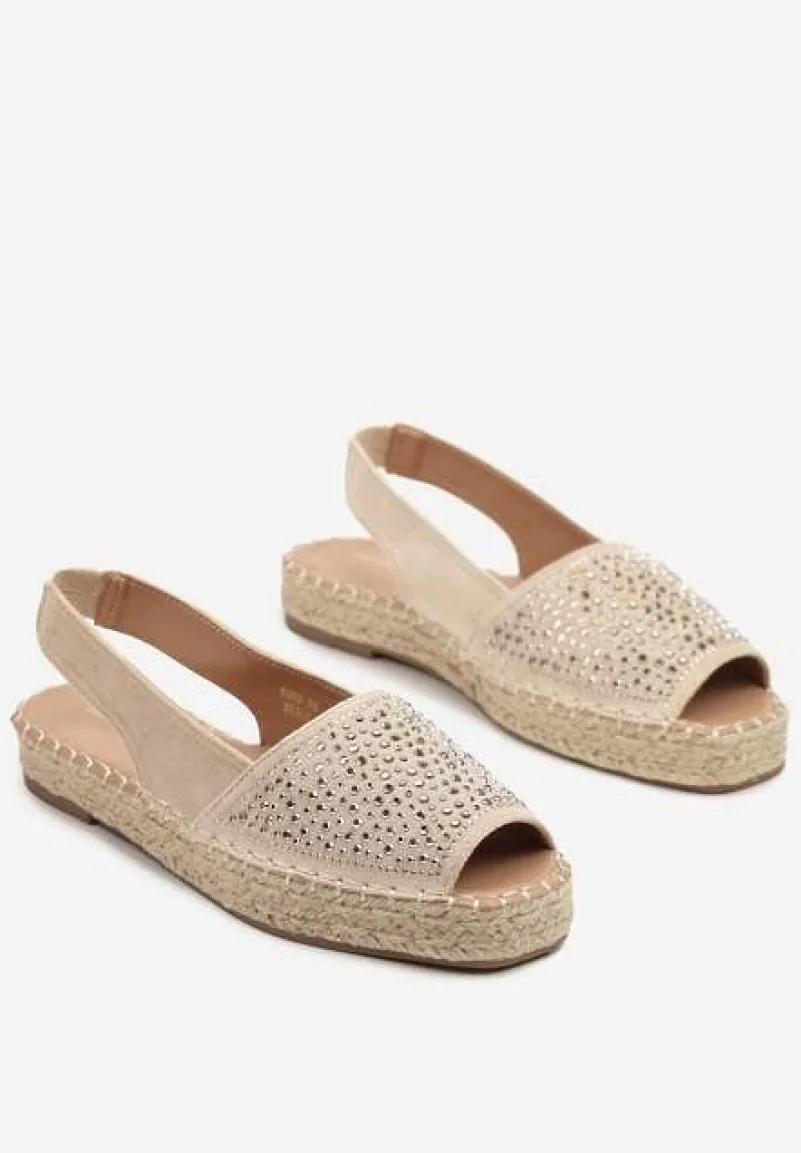 Beżowe Sandały w Stylu Espadryli z Cyrkoniami na Podeszwie z Plecionki Neorwena