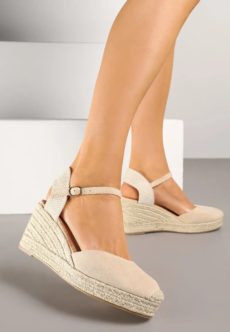 Beżowe Sandały w Stylu Espadryli na Koturnie z Plecionki Nilisine