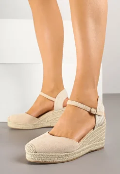Beżowe Sandały w Stylu Espadryli na Koturnie z Plecionki Nilisine