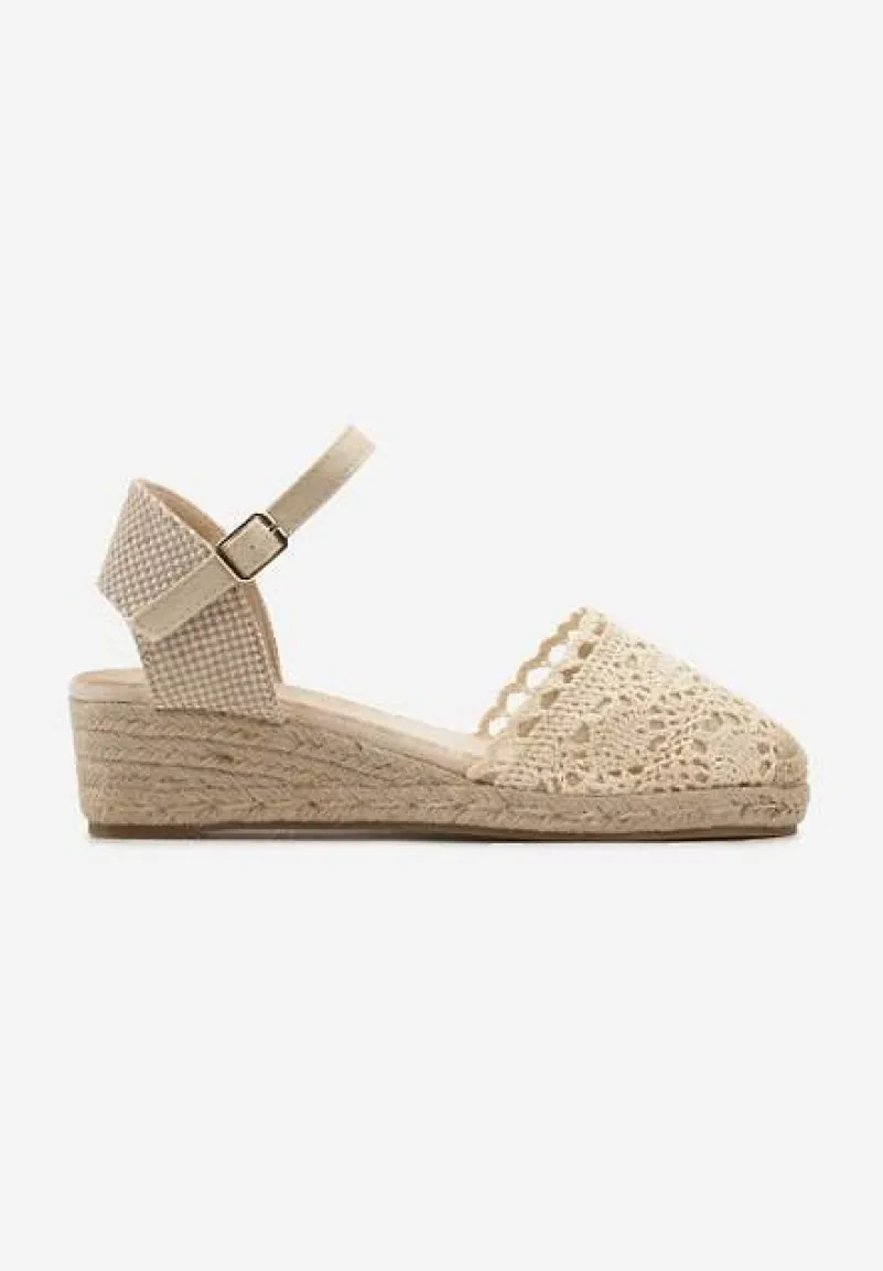 Beżowe Sandały w Stylu Espadryli na Koturnie z Plecionką i Ażurowym Noskiem Bellisae