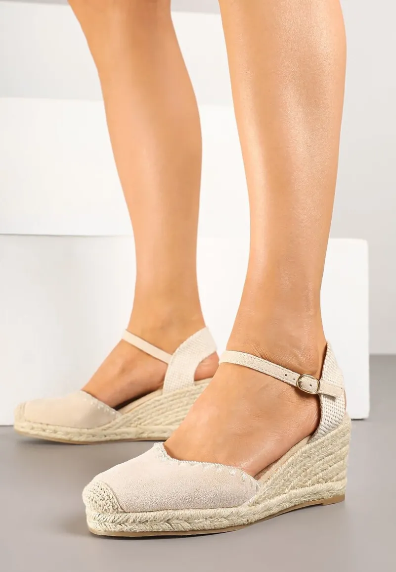 Beżowe Sandały w Stylu Espadryli na Koturnie z Plecionką Meralissea