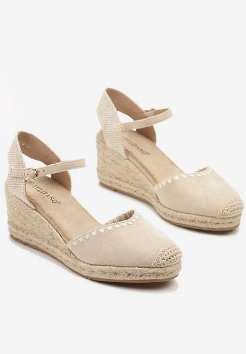 Beżowe Sandały w Stylu Espadryli na Koturnie z Plecionką Meralissea