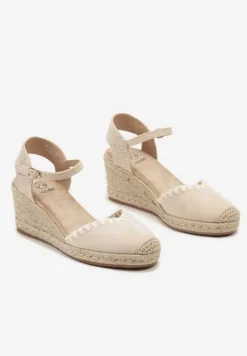 Beżowe Sandały w Stylu Espadryli z Plecionką na Koturnie Tiimada