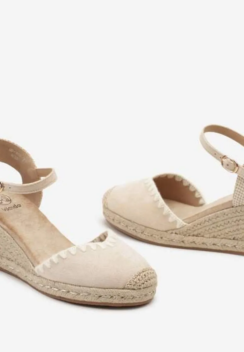 Beżowe Sandały w Stylu Espadryli z Plecionką na Koturnie Tiimada